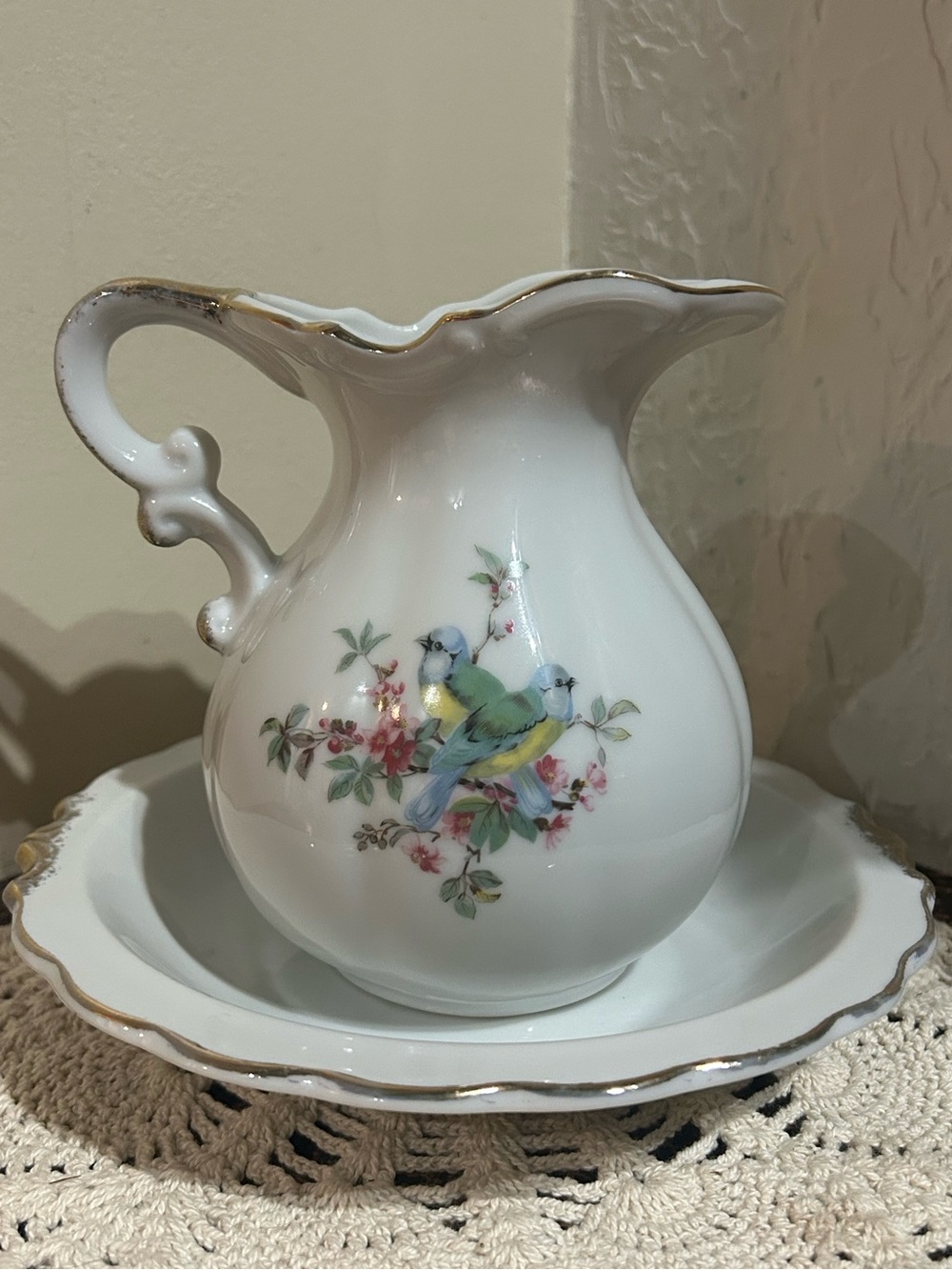 Vintage Inarco Japan “Blue Birds & Cherry Blossoms” Pitcher & Basin Set